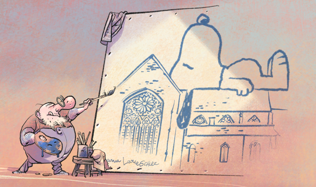 Manu Larcenet s'est représenté en train de peindre Snoopy sur l'abbaye de l'epau