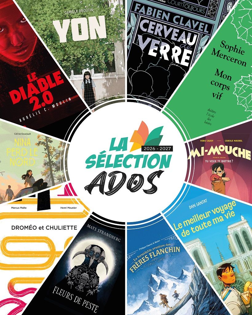 affiche colorée avec les couvertures des livres de la sélection et le logo du département de la Sarthe